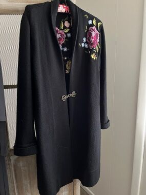 Soft Surroundings Black Trench Coat with Pink Floral Embroidery